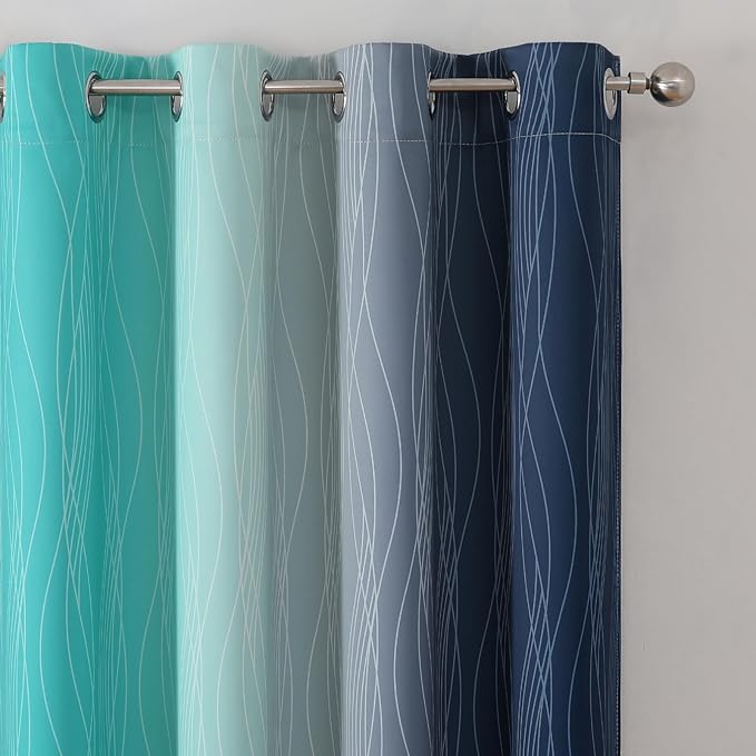 Estelar Textiler Navy Blue and Teal Gradient Blackout Curtains for Bedroom, Thermal Insulated Ombre Blackout Drapes, Full Light Blocking Energy Saving Curtains for Living Room,52Wx96L,2 Panels