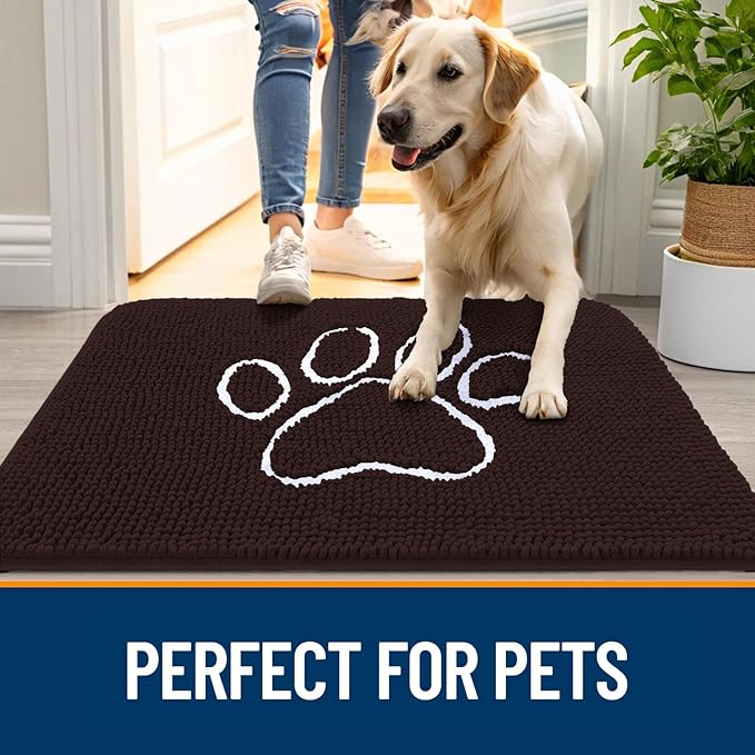 OLANLY Dog Door Mat for Muddy Paws 59x20, Paw Print Design, Absorbs Moisture and Dirt, Absorbent Non-Slip Washable Doormat, Quick Dry Chenille Mud Mat for Dogs, Entry Indoor Entryway Carpet, Brown
