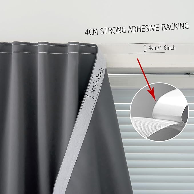 Magic Tape Blackout Curtains for Bedroom No Drillng Self Adhesive Curtains No Rod Small Window, 47" W X 96" L, Grey, 1 Panel
