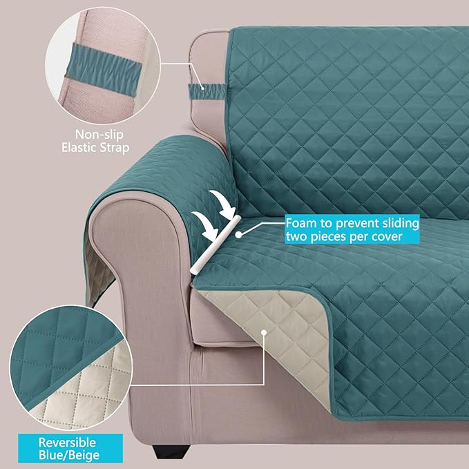 U-NICE HOME Reversible Sofa Cover Couch Cover for Dogs with Elastic Straps Water Resistant Furniture Protector for Pets Couch Cover for 3 Cushion Couch (Sofa, Blue/Beige)