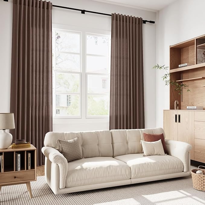 Cappuccino Linen 112 Inch Curtains for Living Room Light Filtering Semi Sheer Curtain Back Tab Modern Rustic Home Decor Neutral Drapes Floor to Ceiling High Window for Bedroom 52x112, 2 Panels