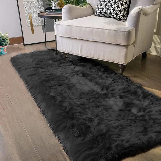 Latepis 2x8 Runner Black Faux Sheepskin Fur Rug Washable Shag Fluffy Rugs for Bedroom for Home Decor Rectangle