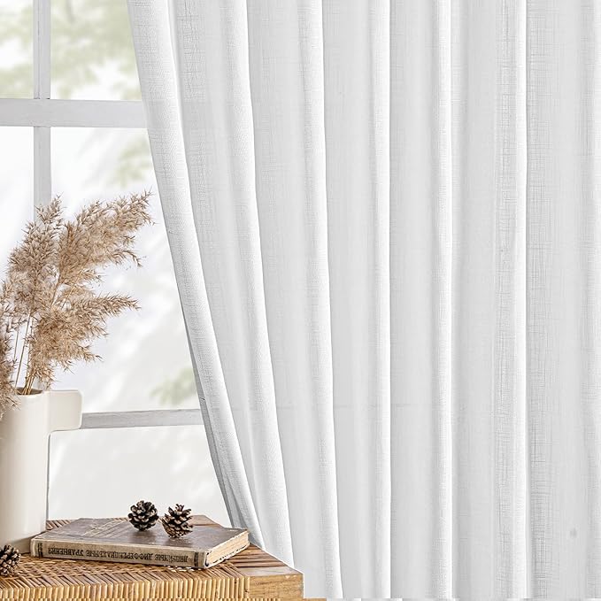MIULEE White Linen Curtains 64 Inch Length 2 Panels for Kitchen Bedroom, Soft Thick Linen Textured Window Drapes Semi Sheer Light Filtering Back Tab Rod Pocket Burlap Look Decor