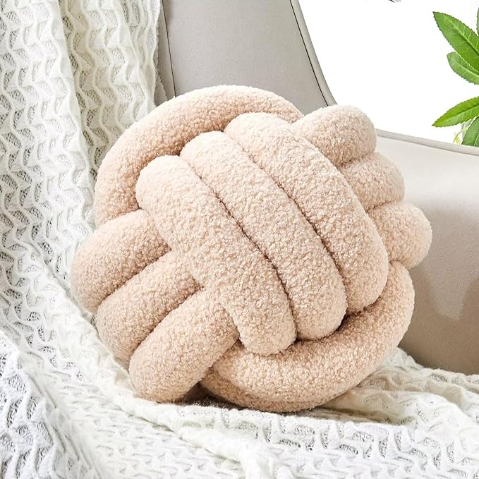 Uvvyui Knot Pillow Ball, Soft Home Decorative Round Throw Pillow, Handmade Knotted Plush Pillow, Round Boucle Pillow Cushion (8.6 Inches Beige)