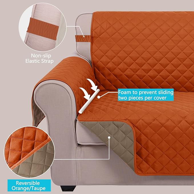 U-NICE HOME Loveseat Sofa Cover Reversible Couch Covers for 2 Cushion Couch for Dogs Furniture Protector Cover with Elastic Straps Water Resistant(Loveseat Small, Orange/Taupe)