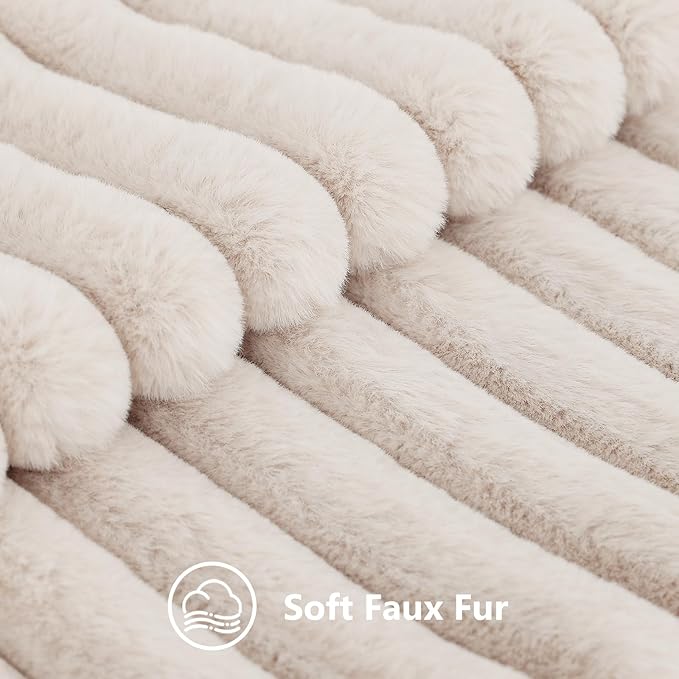 decorUhome Summer Cozy Faux Fur Throw Pillow Covers 18x18 Set of 2 Decorative Soft Plush Striped Modern Farmhouse Boho Couch Pillow Cases with Velvet Back for Sofa Bed Living Room, Beige