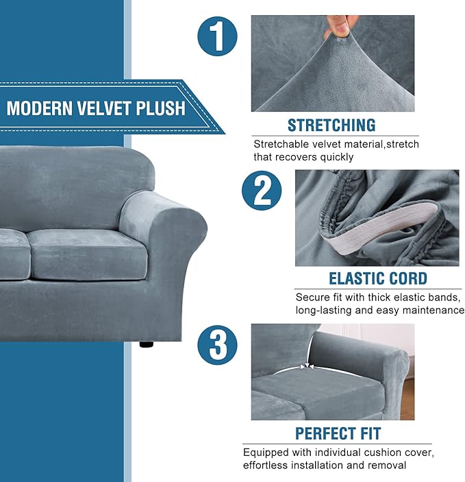 H.VERSAILTEX Modern Velvet Plush 4 Piece High Stretch Sofa Slipcover Sofa Cover Furniture Protector Form Fit Luxury Thick Velvet Sofa Cover for 3 Cushion Couch Width Up to 90 Inch (Sofa,Stone Blue)