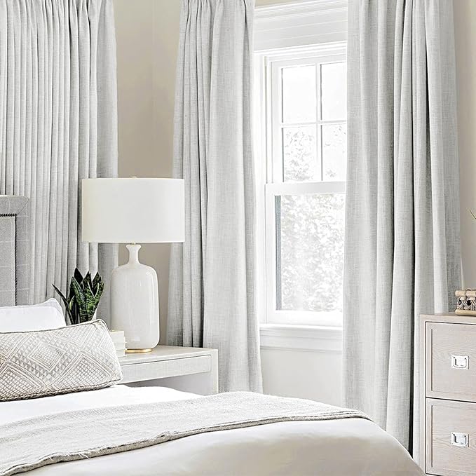MIULEE 100% Blackout Linen Textured Curtains for Bedroom Solid Thermal Insulated Heathered White Grommet Room Darkening Curtains & Drapes Luxury Decor for Living Room Nursery 52 x 84 Inch (2 Panels)
