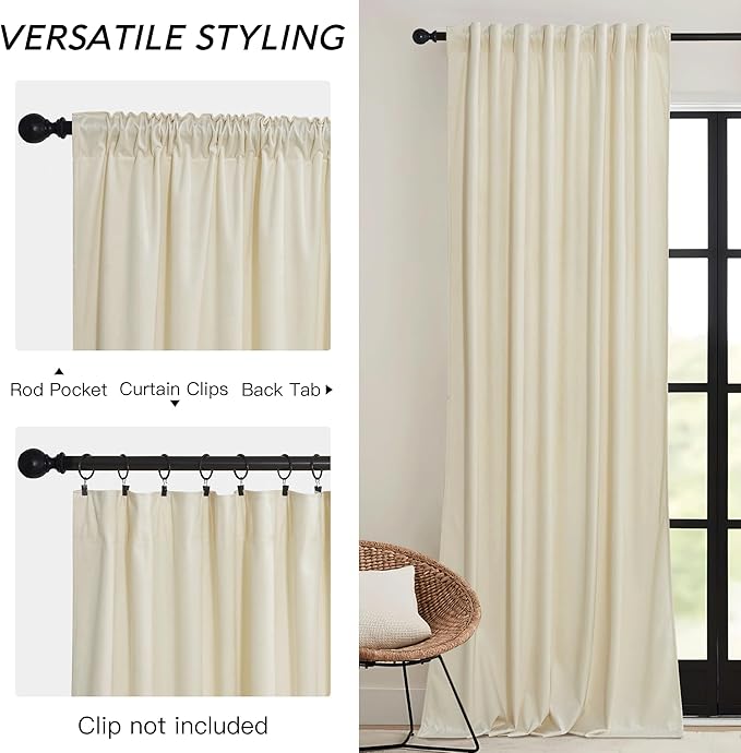 RYB HOME Beige Velvet Curtains 72 inches with Hook Belt, Soft Fabric Room Darkening Thermal Insulated Luxurious Home Decor Curtains for Living Room Bedroom, W 52" x L 72", 2 Panels Set