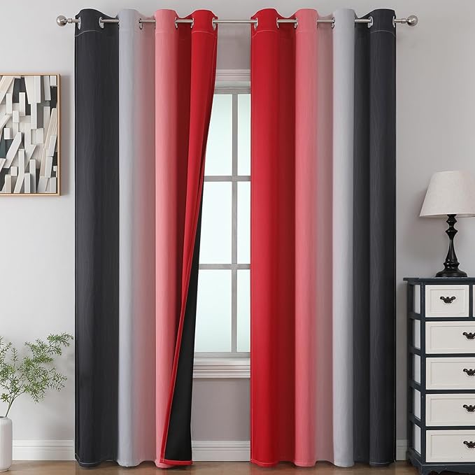 Estelar Textiler Black and Red Ombre Blackout Curtains 90 Inches Long 2 Panels Set, Thermal Insulated Gradient Drapes for Bedroom, Full Room Darkening Energy Saving Curtains for Living Room,52Wx90L