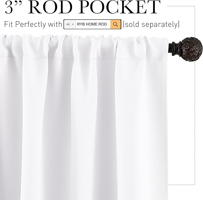 RYB HOME Room Darkening Curtains - Rod Pocket Half Light Block Drapes Window Shades for Bedroom Bathroom Living Room Kitchen Office Dining Decor, W 42 x L 45, Pure White, 2 Pieces