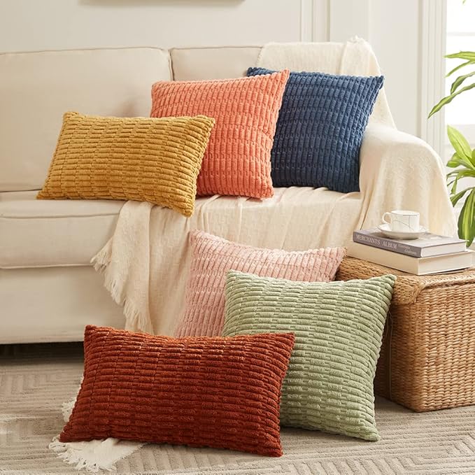 Fancy Homi 4 Packs Rust Decorative Throw Pillow Covers 18x18 Inch for Living Room Couch Bed Sofa, Terracotta Rustic Farmhouse Boho Home Decor, Soft Plush Striped Corduroy Square Cushion Case 45x45 cm