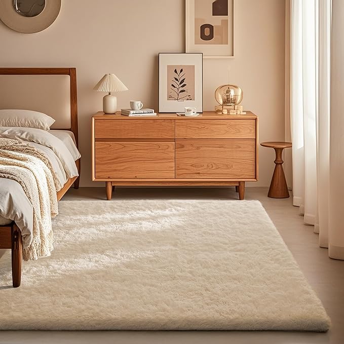 Ophanie Area Rugs for Bedroom, Christmas Upgrade Non-Slip Ivory Fluffy Soft Shag Living Room Carpet, Indoor Floor 4x6 Fuzzy Shaggy Living Room Plush Nursery Rug for Kids Home Dorm Decor Aesthetic