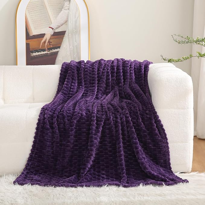 Puncuntex Deep Purple Throw Blanket 108"×90" inches Fuzzy 3D Jacquard Decorative Flannel Fleece Super Soft Plush Cozy Blanket for Couch Sofa Chair Lightweight