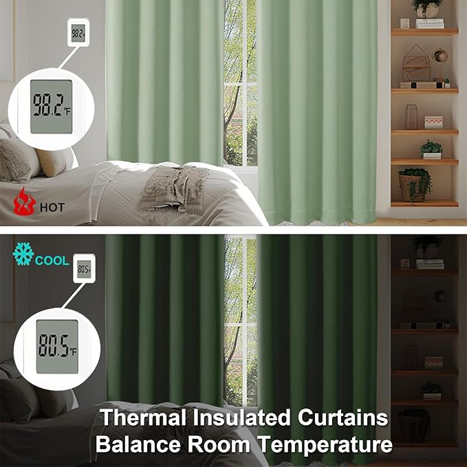 Simplebrand Ava Light Green Short Blackout Curtains for Bedroom 54 Inches Long 2 Panels Set, Solid Thermal Insulated, Energy Saving Window Treatment Curtains Blackout Drapes, W40 x L54 Inch