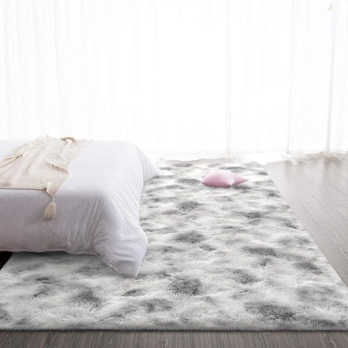 TWINNIS Super Soft Shaggy Rugs Fluffy Carpets 3x5 Feet, Indoor Modern Plush Area Rugs for Living Room Bedroom Kids Room Nursery Home Decor, Upgrade Anti-Skid Fuzzy Rug, Grey and White