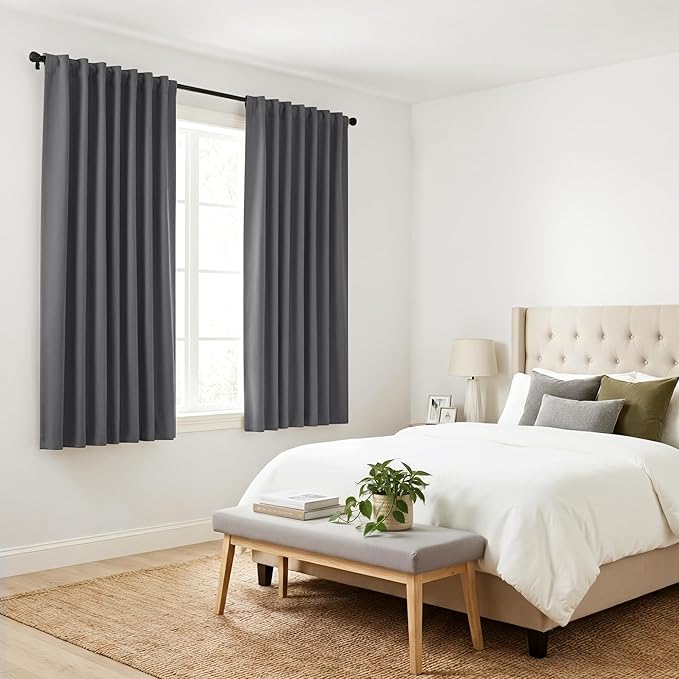 PONY DANCE Blackout Window Curtains - Short Gray Thermal Insulated Drapes Back Tab/Rod Pocket Room Darkening Panels Energy Saving for Bedroom/Bathroom, 42 W x 54 L, Grey, 1 Pair