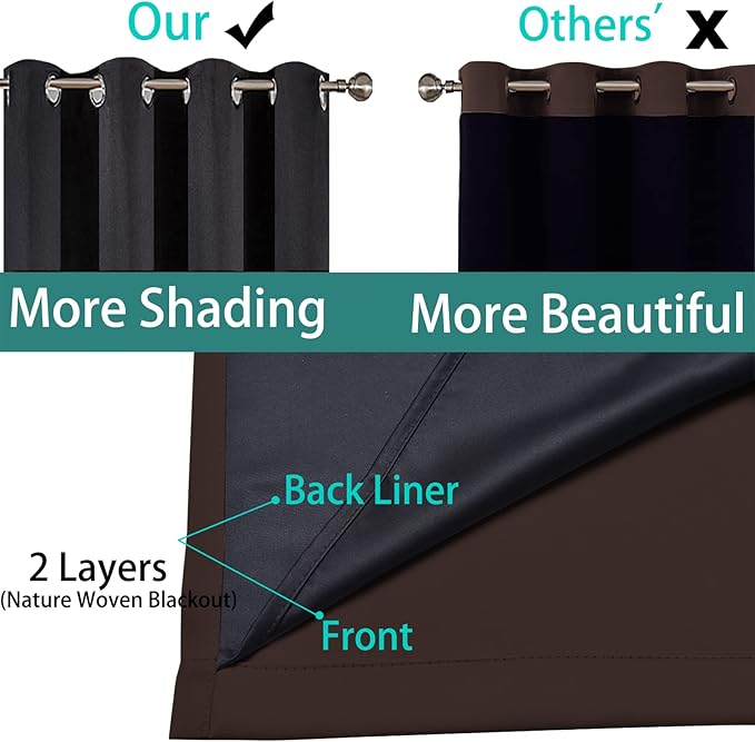 Yakamok 100% Blackout Curtains for Bedroom, 2 Thick Layers Thermal Insulated Grommet Total Blackout Drapes with Black Liner for Living Room (62Wx63L,Chocolate Brown, 2 Panels)