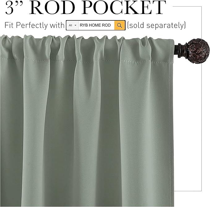 RYB HOME Blackout Curtains for Bedroom Living Room 63 inches Long, Thermal Insulated Privacy Rod Pocket Drapes for Nursery Office Home Theater, Width 42 by Length 63, Greyish Green, 2 Panels