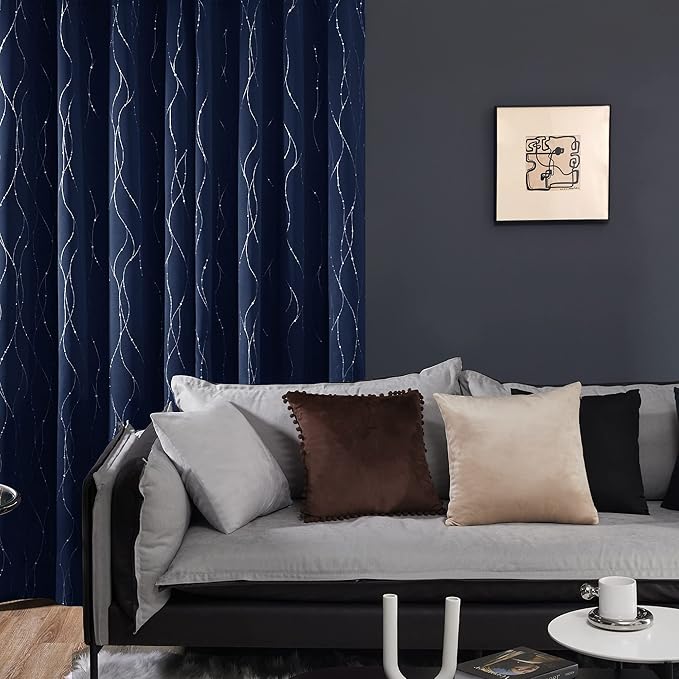 Deconovo Blackout Curtains 63 Inch Length 2 Panels, Navy Blue Curtain, Thermal Insulated Soundproof Privacy Curtain with Silver Wave Dots Print, Machine Washable Window Panel for Bedroom Nursery