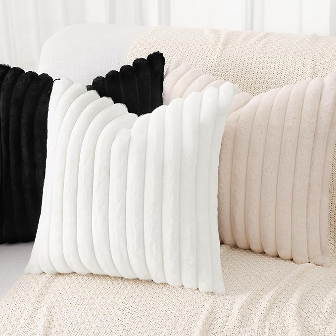 decorUhome Summer Cozy Faux Fur Throw Pillow Covers 18x18 Set of 2 Decorative Soft Plush Striped Modern Farmhouse Boho Couch Pillow Cases with Velvet Back for Sofa Bed Living Room, White