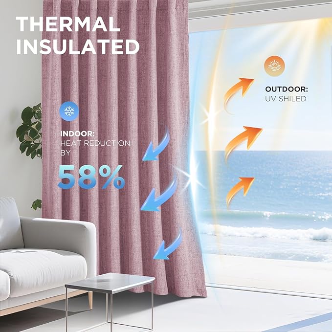 Joydeco Linen Blackout Curtains for Bedroom - 100% Light Blocking 1 Panels, Pink Drapes 70" W x 108" L, Thermal Insulated Room Darkening Curtains for Living Room, Rod Pocket & Back Tabs