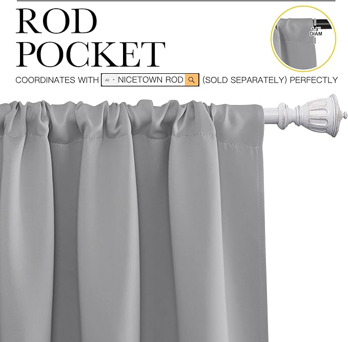 NICETOWN Living Room Curtains for Window - Energy Efficient & Noise Reducing Thermal Insulated Rod Pocket Blackout Drapes/Draperies for Living Room (Silver Grey, 2 Panels, W52 inches x L95 inches)