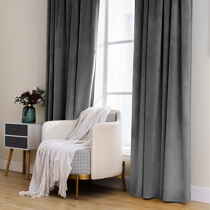 MIULEE Grey Velvet Curtains 108 inches Long 2 Panels - Luxury Blackout Curtains for Bedroom Living Room Thermal Insulated Fall Decor Super Soft Window Drapes Rod Pocket & Back Tab