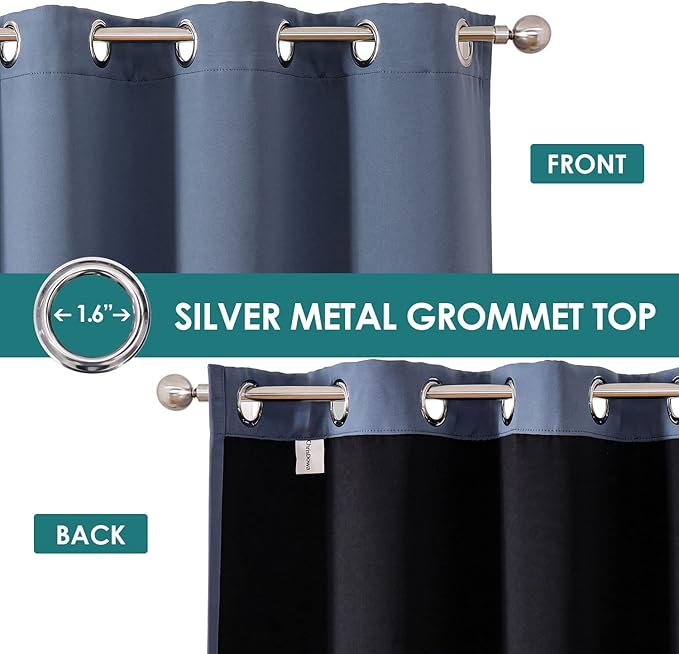 ChrisDowa 100% Blackout Curtains for Bedroom with Black Liner, 2 Thick Layers Total Blackout Thermal Insulated Grommet Window Curtains 2 Panels Set (Stone Blue, 52 x 63 Inch)