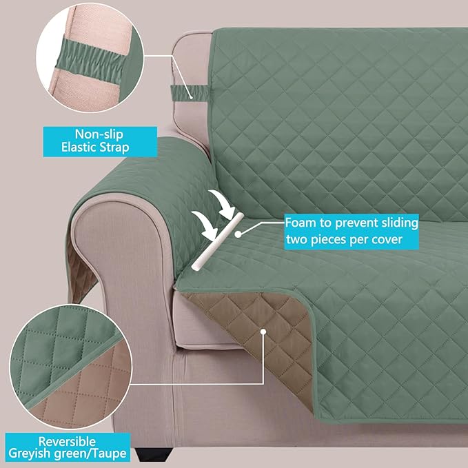 U-NICE HOME 4 Seater Sofa Cover 91 Inch Large Couch Covers for 4 Cushion Couch with Elastic Straps Water Resistant Furniture Protector Cover for Pets Cat (Sofa XX-Large, Greyish Green/Taupe)