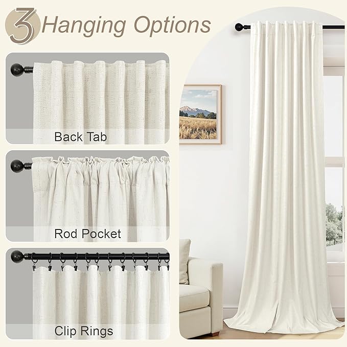 Pitalk Extra Wide Curtains 60 Inches Wide for Living Room 84 Inch Length 2 Panels Thick Back Tab Pleated Cream Linen Blackout Dark Out Sliding Door Window Curtains Thermal Privacy Drapes 60x84 Long
