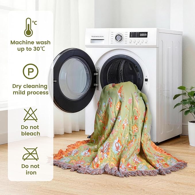 MSGKV Boho Throw Blanket 50"x60" Floral 100% Cotton Blanket with Flower and Butterfly for Couch Sofa Spring Breathable Lightweight Farmhouse Blankets Home Decor Muslin