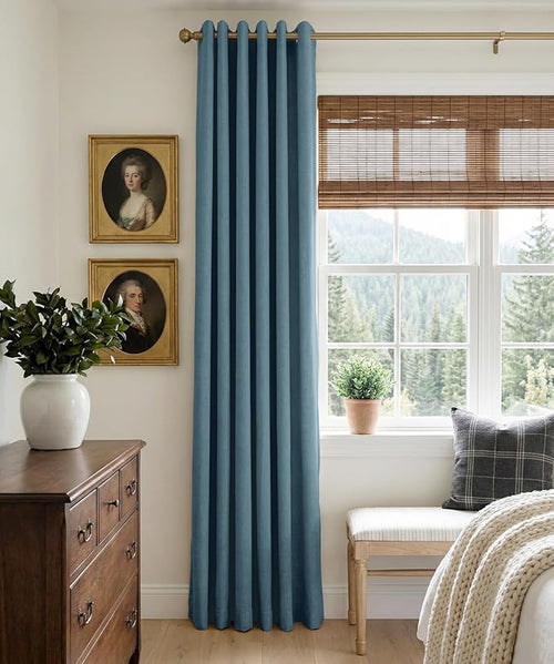 100% Blackout Shield Linen Blackout Curtains for Bedroom, Stone Blue Grommet Curtains for Living Room, Thermal Insulated Room Darkening Drapes for Nursery, Boho Home Decor, 50" W x 96" L, 2 Panels