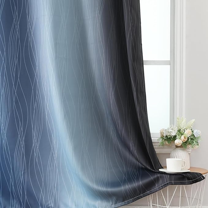 Estelar Textiler Navy Blue and Black Ombre Blackout Curtains 63 Inch Length 2 Panels Set, Full Room Darkening Grommet Curtains for Bedroom, Thermal Insulated Light Blocking Gradient Drapes,52Wx63L