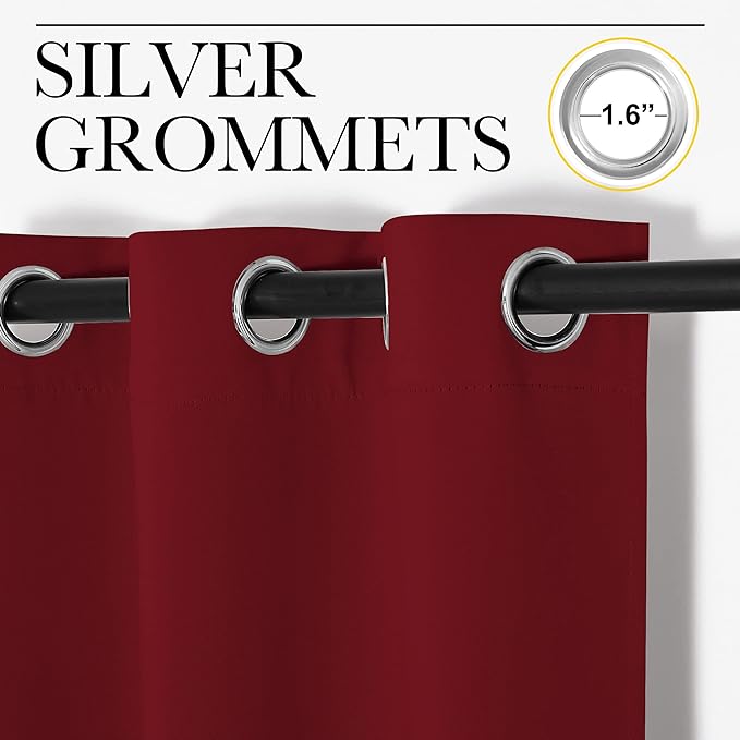 NICETOWN Christmas Burgundy Bedroom Curtains Blackout Draperies, Christmas Decorations Thermal Insulated Solid Grommet Top Blackout Drapes for Cafe (One Pair, 34 x 84-inch)