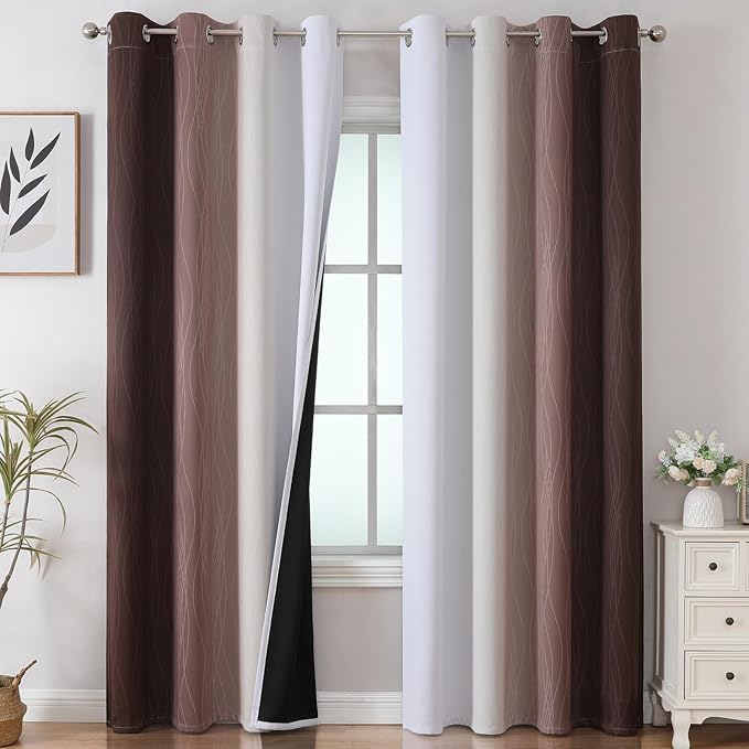 Estelar Textiler Brown and Greyish White Gradient Blackout Curtains for Sliding Door, Thermal Insulated Ombre Drapes, Full Light Blocking Energy Saving Curtains for Living Room,52Wx108L,2 Panels