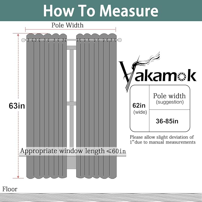 Yakamok Blackout Curtains Room Darkening Thermal Insulated Window Panels,Solid Grommet Top Drapes for Bedroom/Living Room(62Wx63L, Grey, 2 Panels)