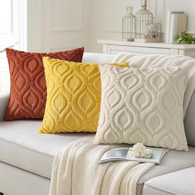 decorUhome Summer Throw Pillow Covers 24x24 Inch Set of 2, Soft Plush Faux Wool Mustard Yellow Solid Couch Pillow Covers, Accent Euro Sham Farmhouse Square Pillow Cases for Sofa Bed Living Room