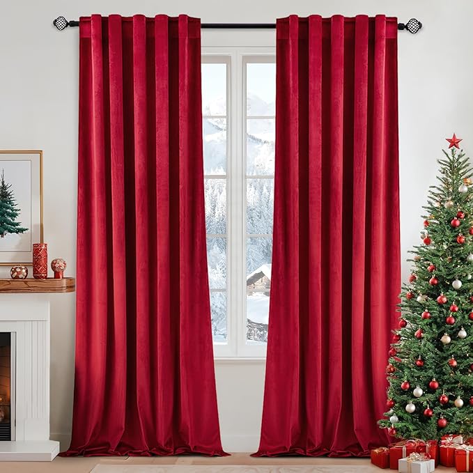MIULEE Velvet Curtains 84 inches - Luxury Blackout Curtains for Bedroom Living Room Thermal Insulated Super Soft Window Drapes Rod Pocket & Back Tab Christmas Decor, Red, W52 x L84 inches, 2 Panels