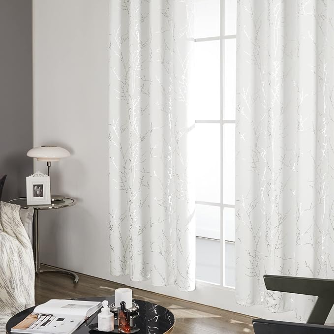 Deconovo White Curtains, Room Darkening Curtain, Thermal Insulated Noise Reducing Drapes, Silver Print, 52 x 72 Inch Long, Grommet Top, Window Panels for Living Room Bedroom Nursery Office, Set of 2