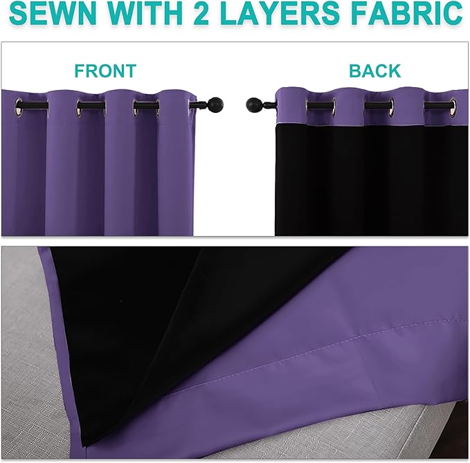 NICETOWN 100% Blackout Curtains with Black Liners, Thermal Insulated Full Blackout 2-Layer Lined Curtains, Energy Efficiency Window Draperies for Dining Room (Lilac Purple, 2 Panels, 52" W by 45" L)