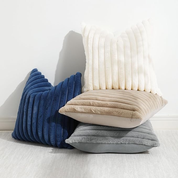 decorUhome Cozy Faux Fur Throw Pillow Covers 12x20 Set of 2 Decorative Soft Plush Striped Lumbar Modern Farmhouse Boho Couch Pillow Cases with Velvet Back for Sofa Bed Living Room, Blue