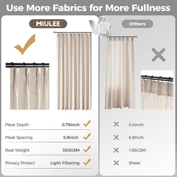 MIULEE Pinch Pleated Thick Linen Curtains 108 Inches Length 2 Panels for Living Room Bedroom, Extra Long Pinch Pleat Drapes Back Tab Light Filtering Cream Ivory Foor to Ceiling Curtains with Hooks