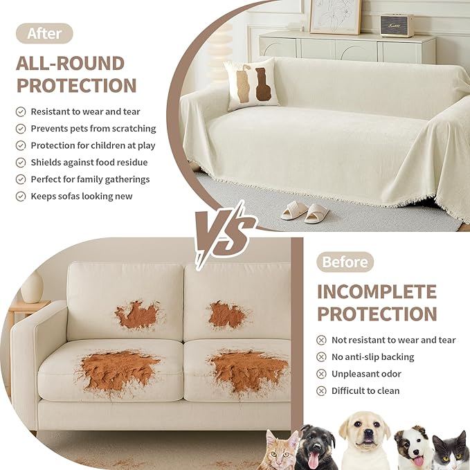 Couch Cover for Dogs, Boho Sofa Covers for 2 Cushion Couch, Chenille Sofa Slipcover for Pets Washable, L-Shape Sectional Couch Loveseat Cover Soft Throw Blankets with Tassels(71x102,Cream)