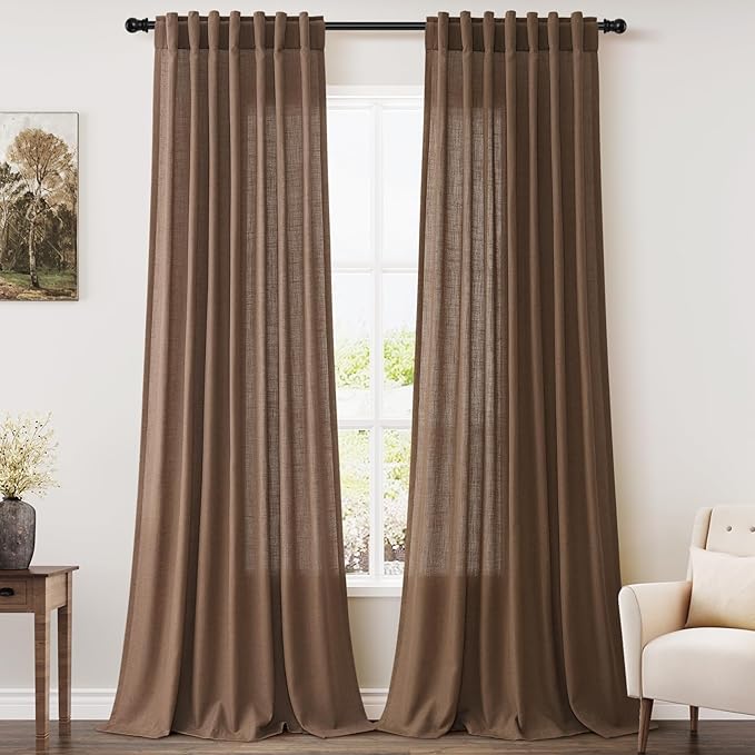 Caramel Brown Linen Curtains 96 Inches Long for Living Room Rod Back Tab Burlap Textured Linen Drapes Vintage Rustic Farmhouse Light Filtering Curtain 96 Inch Length for Dinning Room Bedroom 52x96