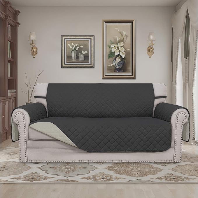 Easy-Going Sofa Slipcover Reversible Loveseat Sofa Cover Couch Cover for 2 Cushion Couch Furniture Protector with Elastic Straps for Pets Kids Dog Cat (Oversized Loveseat, Darkgray/Beige)