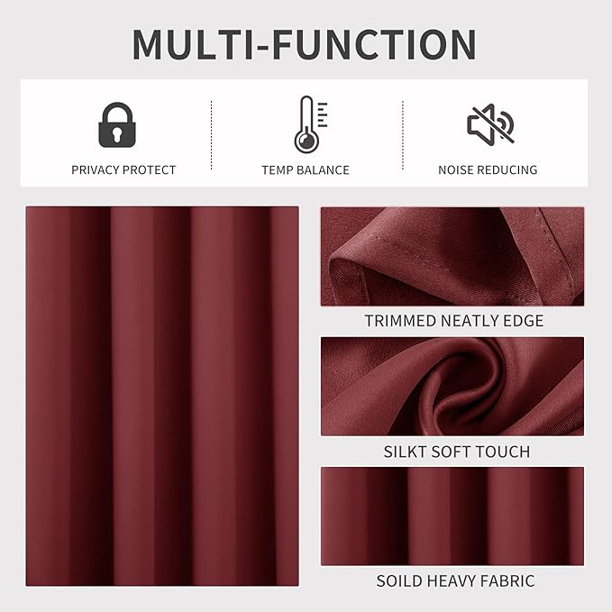 Joydeco Blackout Curtains 72 Inch Length 2 Panels Set, Thermal Insulated Long Curtains 2 Burg, Room Darkening Grommet Drapes for Living Room Bedroom Window (W52 x L72 Inch, Burgundy Red)