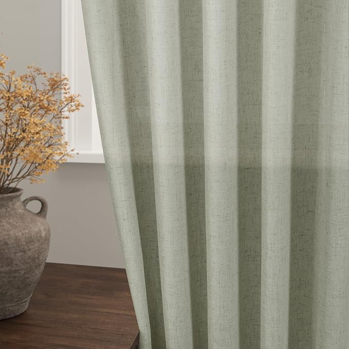 Nanspring Sage Green Semi Sheer Curtains 72 Inches Long 2 Panels Set for Bedroom Back Tab Rod Pocket Light Filtering Drapes Cotton Linen Textured Pale Green Farmhouse Living Room Curtain 52X72 Inch