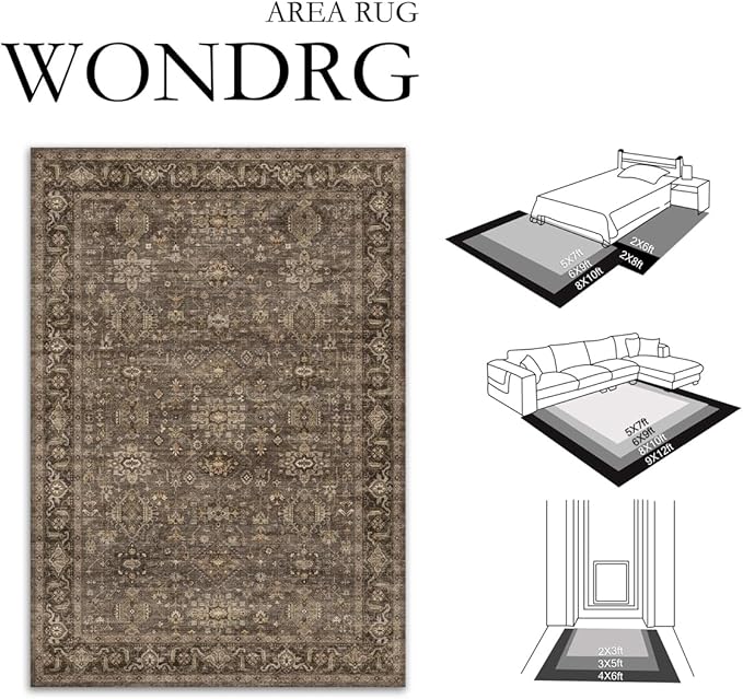 12x15 Washable Area Rug for Living Room Bedroom Vintage Brown Non Slip Carpet Traditional Retro Soft Low Pile Large Throw Rug for Dining Room Kitchen Office Indoor