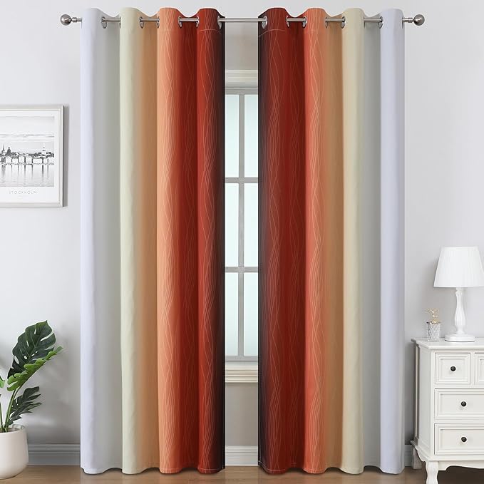 Estelar Textiler Burnt Orange and Greyish White Ombre Blackout Curtains for Bedroom 102 Inch Long, Thermal Insulated Grommet Complete Room Darkening Gradient Drapes for Living Room, 52Wx102L,2 Panels